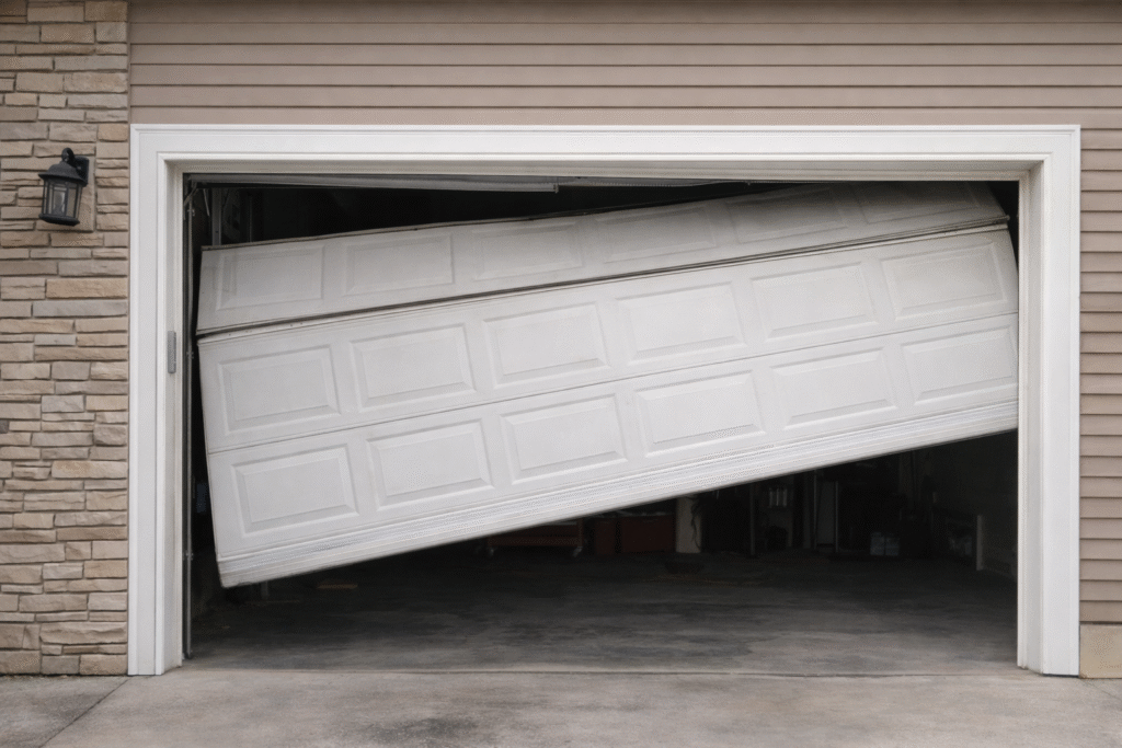 Unbalanced garage door caused by a broken spring in Lake Charles Louisiana
