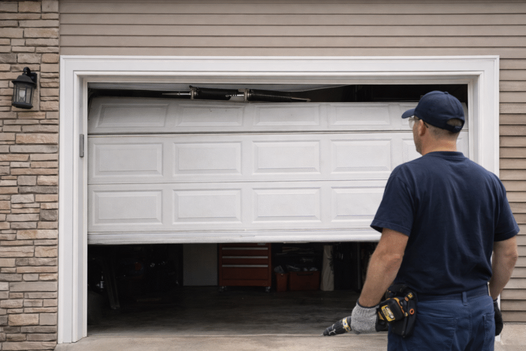 Broken garage door torsion spring showing rust and wear due to humidity in Lake Charles Louisiana